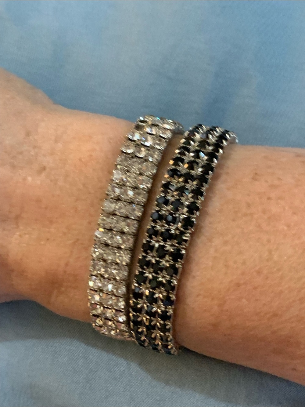 Set of 2 Vintage Sparkling Crystal and Black Rhinestone Stretch Tennis Bracelets